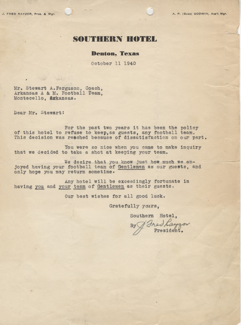 Letter to Coach from Southern Hotel, 1940